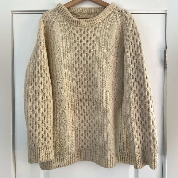 Vintage Handmade Cream Cable Knit Wool Fisherman Sweater - L